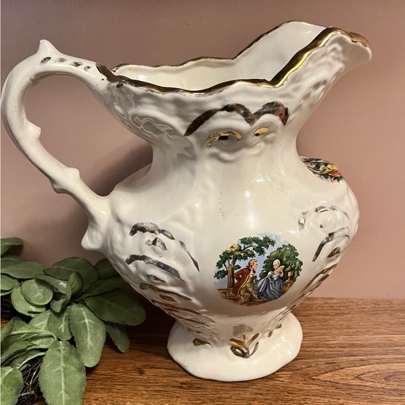 Antique George And Martha Porcelain Water Pitcher Courting Scene Gold Trim 1868 - Picture 3 of 10